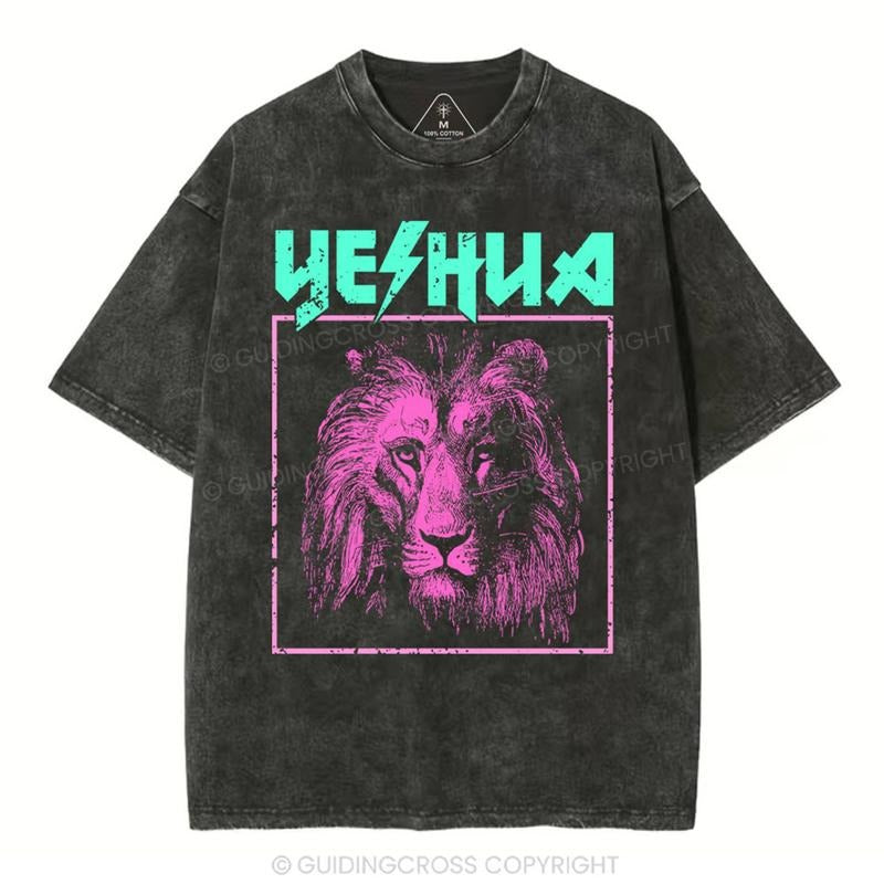 [ Mineral Wash ] Retro Lion Yeshua Christian TShirt Jesus Graphic Washed Style Shirt Hoodie, Sweatshirt | UrbanDripWear.com