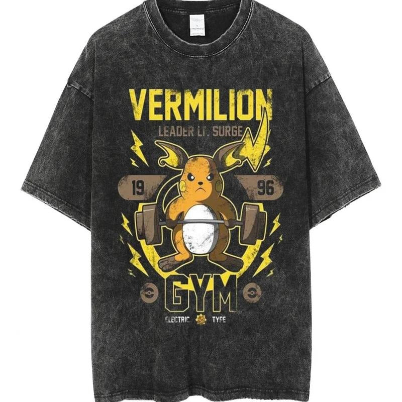 [ Mineral Wash ] Retro PKM Gym Leader Tee Vermilion Anime PKM Fan Lovers Streetwear & Washed Gym Style Shirt Hoodie,...