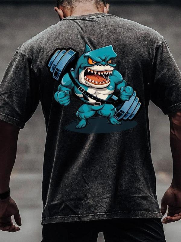[ Mineral Wash ] Shark And Dumbbell Washed Gym Shirt Washed Shirts Hoodie, Sweatshirt | UrbanDripWear.com