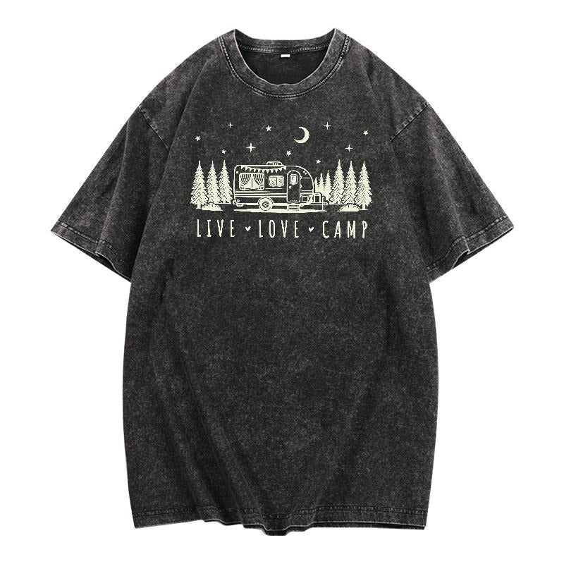 Minimalist and Trendy Washed T - Shirt: Make a Statement with a Simple yet Charming Camping - themed Graphic on a Washed...