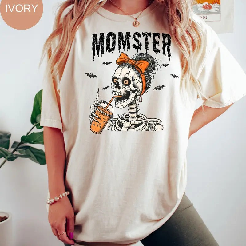 Momster Skeleton Mom Halloween Comfort Color T-shirt Funny Mama Halloween Shirt Mom Spooky Season Coffee Lover Fall Tee...