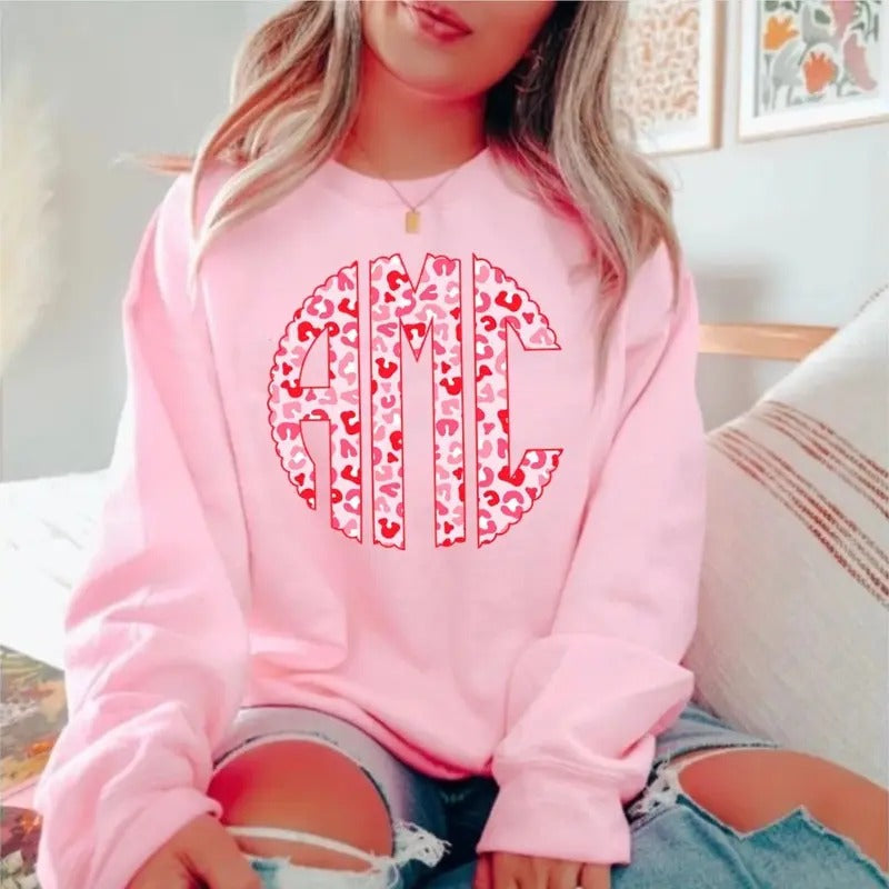 Monogram Personalized Valentine Crewneck Sweatshirt, Custom Valentines Day Hoodie, Women Name Initial Valentine T-Shirts
