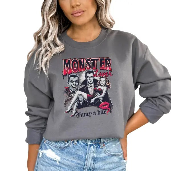 Monster Lover, Fancy a Bite - Retro-Inspired Unisex Long Sleeve Crewneck Sweatshirt | Vintage Pin-Up Girl & Vampire...