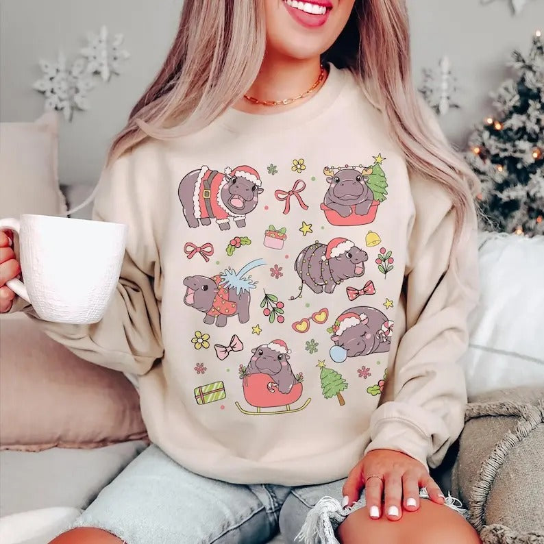 Moo Deng Christmas Sweatshirt Moo Deng Merch Cute Moo Deng Hippo Plus Size Christmas Sweater Coquette Clothes Funny Baby...