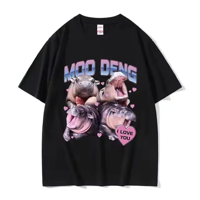 Moo Deng I Love Baby Hippo Funny Meme Vintage Graphic T-Shirts Men Women Retro harajuku High Quality Fashion T-shirt 100%...