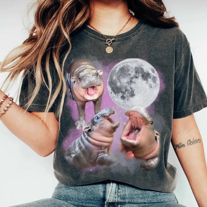 Moo Deng With The Moon Shirt,, Cute Baby Hippo Moo Deng Bouncy Pig in Thai Hippopotamus Shirt,  Funny Hippo Shirt Cotton...