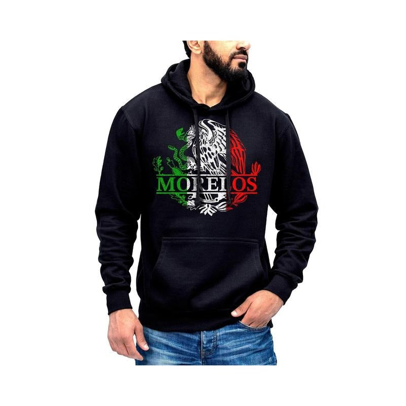 Morelos Mexico Eagle Emblem Hoodie Sweatshirt Cotton Fabric Menswear Breathable Kangaroo Pocket Print Tops Pullover Soft...
