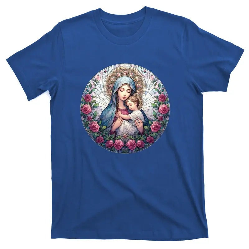 Mother Mary Stained Glass Collection: Roses Mary And Jesus Catholic Christian T-Shirt Hoodie, Sweatshirt | UrbanDripWear.com