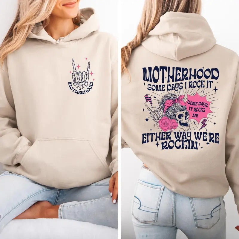Motherhood Some Days I Rock It Sweatshirt, Rocker Mom Hoodie, Mothers Day Gift, Funny Mom Sweater, Skeleton Hand...