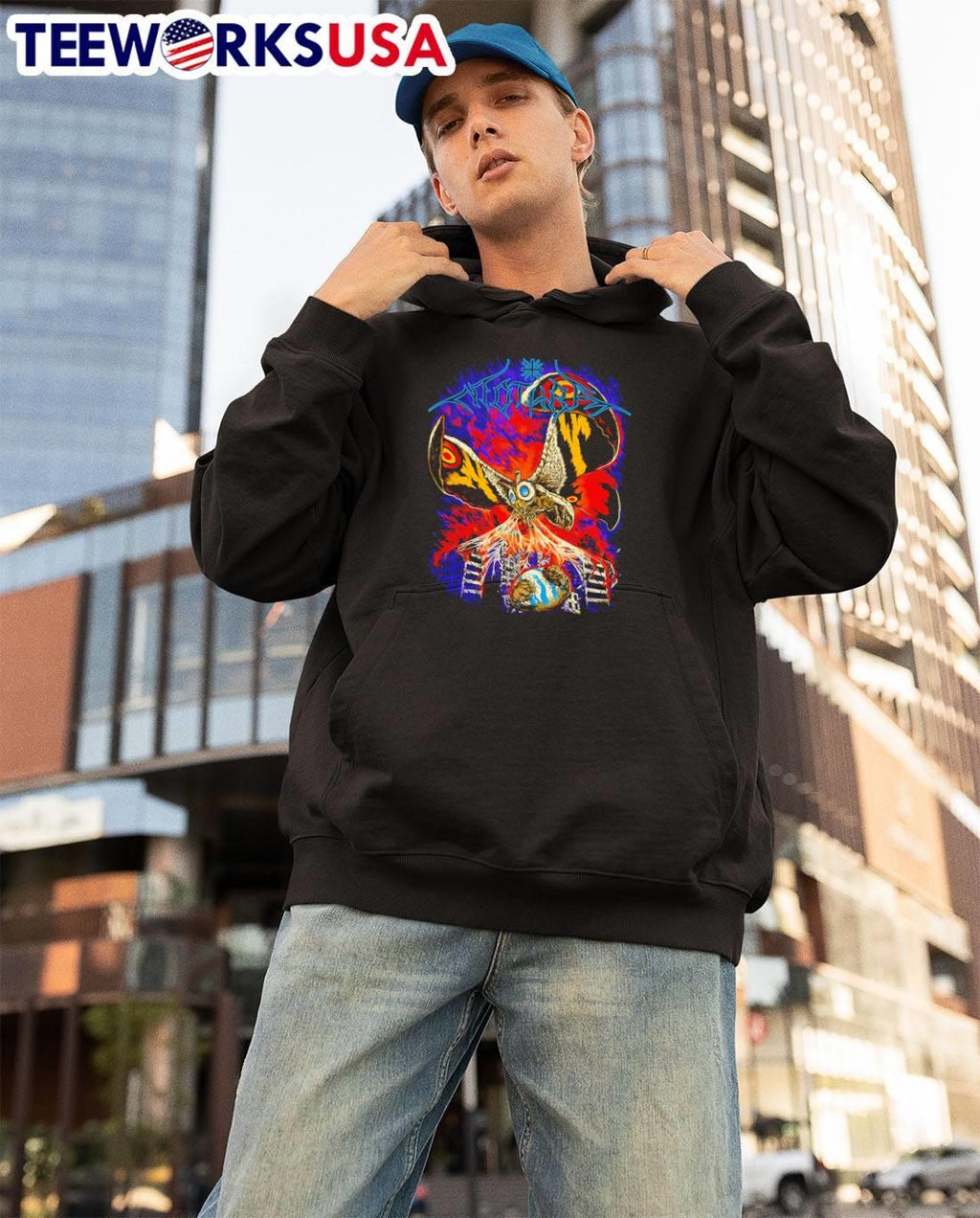Mothra Moth Spraying Silk at City Ruins Mothra T-Shirt
