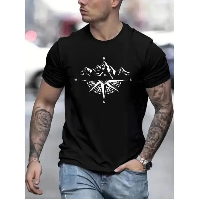 Mountain Shaped Compass Printed Round Neck T-Shirt