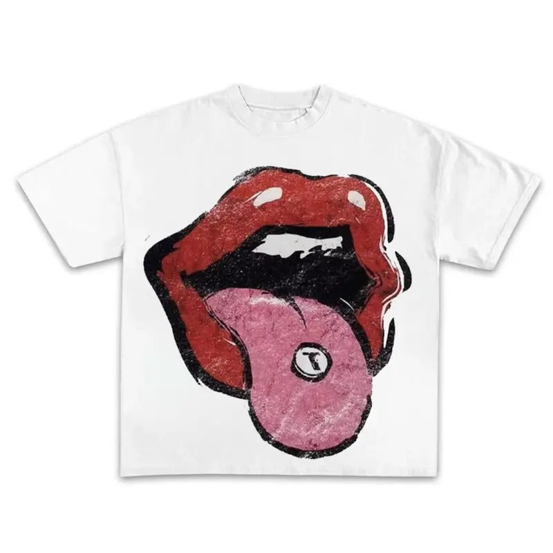 Mouth Letter Graphic Print Cotton Casual T-shirt Men Y2K Summer Short Sleeves Vintage Oversize Tshirt Streetwear Women...