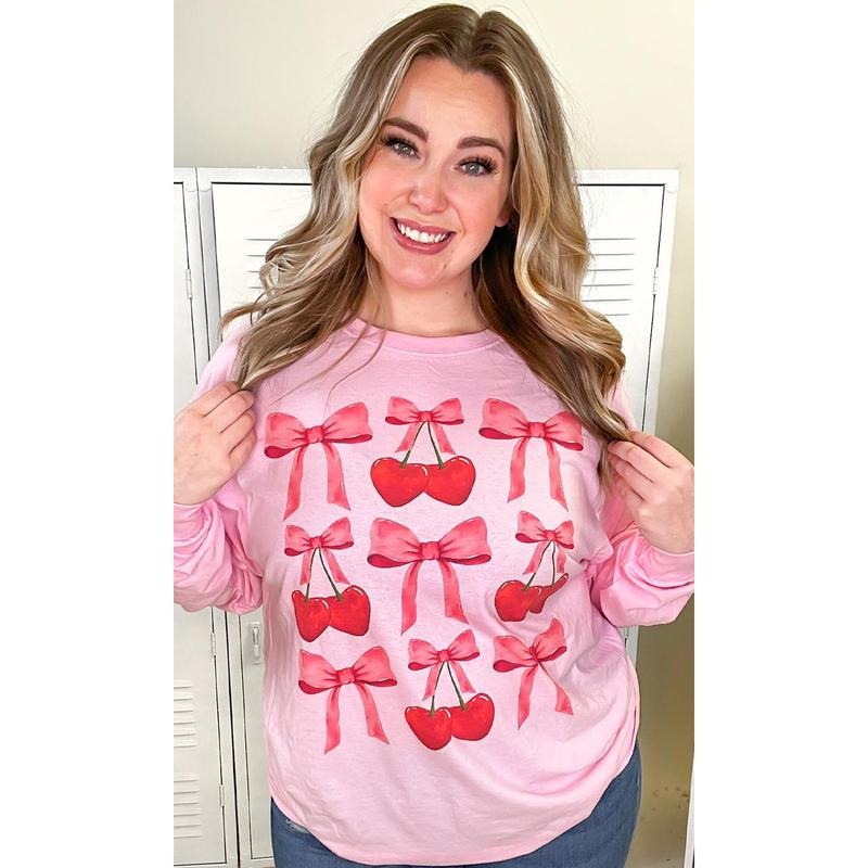 Multi Cherry Bow Long Sleeve Graphic T-Shirt Hoodie, Sweatshirt | UrbanDripWear.com