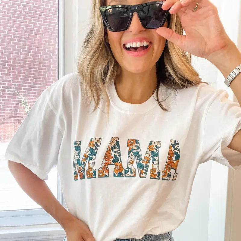 Multi-Floral Print MAMA T-Shirt, Summer MAMA Top  DTG Printed T-Shirt  Gift for Mom Womenswear Underwear Lady Tshirt...