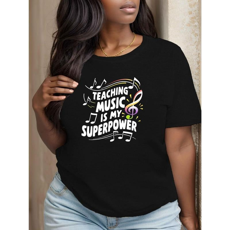 Music Teacher Superpower Graphic Tee - Women's Plus Size, Short Sleeve, Casual Round Neck T-Shirt, Breathable Polyester,...