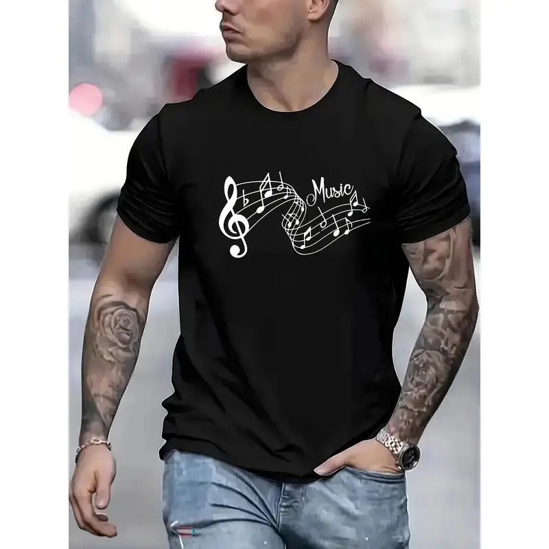 Musical Note Graphic Men's Short Sleeve T-shirt, Comfy Stretchy Trendy Tees For Summer, Casual Daily Style Fashion...