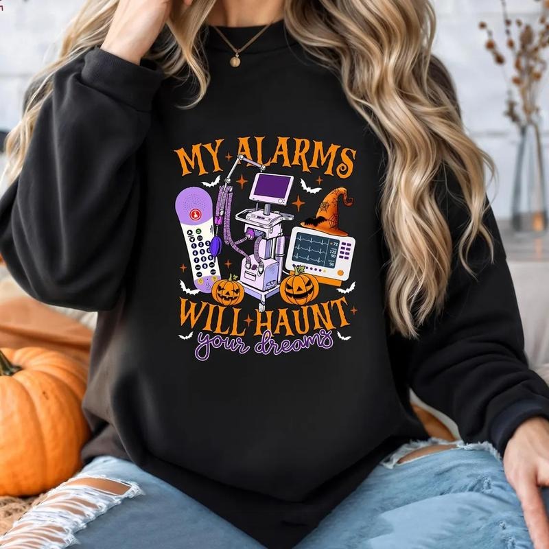 My Alarms Will Haunt Your Dreams Shirt, Funny Halloween Nurse T-Shirt, Spooky Season Medical Field Tee, ICU RN Nurse Top,...