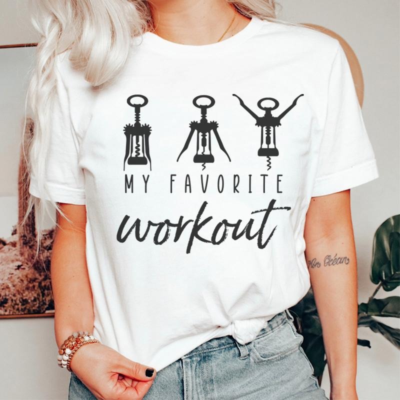 My Favorite Workout Funny Saying T-Shirts for Women Alcohol Drinking Sarcastic Graphic Tees Short Sleeve Wine Lover T...