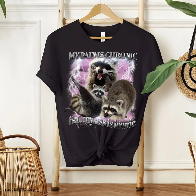 My Pain Is Chronic Raccon Vintage Shirt, 90s Raccoon Shirt, Funny Retro Raccoon Shirt, Weird Shirt, Meme Shirt Cotton...