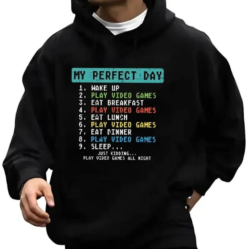 My Perfect Day Play Video Games Funny Gamer Hoodie Casual Street Style Fleece Fabric Pullover Sweatshirt for Women for...