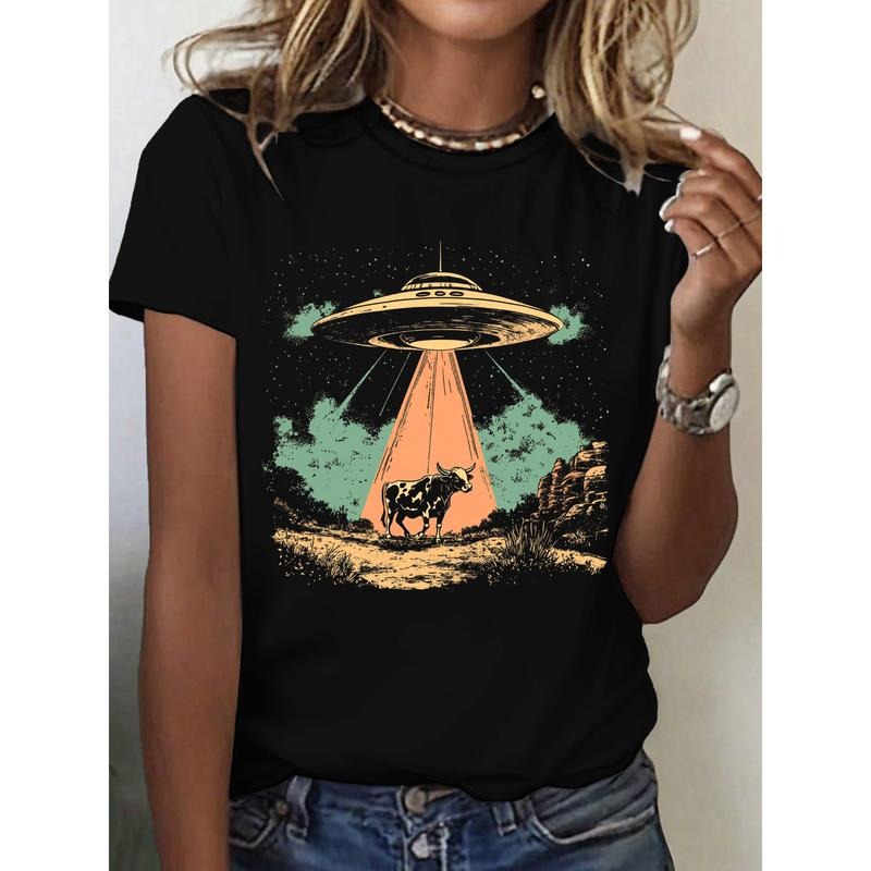 Mysterious T - Shirt with Intriguing UFO and Cow Abduction Scene for Sci - Fi Lovers Hoodie, Sweatshirt | UrbanDripWear.com