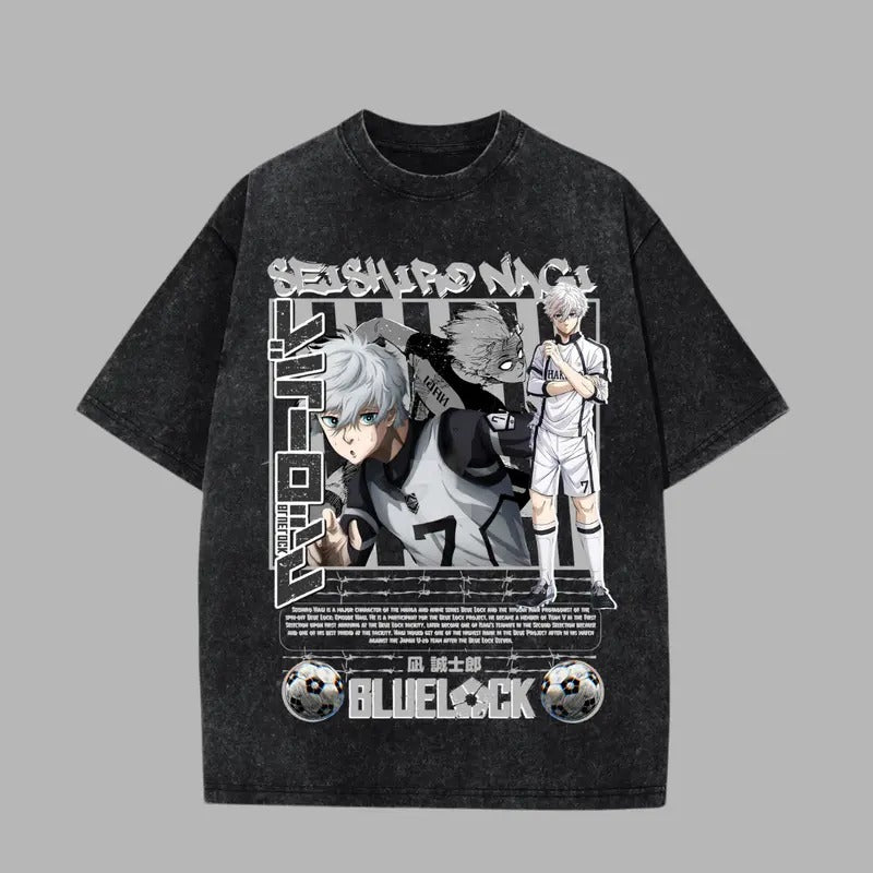 Nagi Seishiro Washed Oversized T-Shirt, Blue Lock Anime Washed Heavy Cotton Special Graphic Tee Hoodie, Sweatshirt