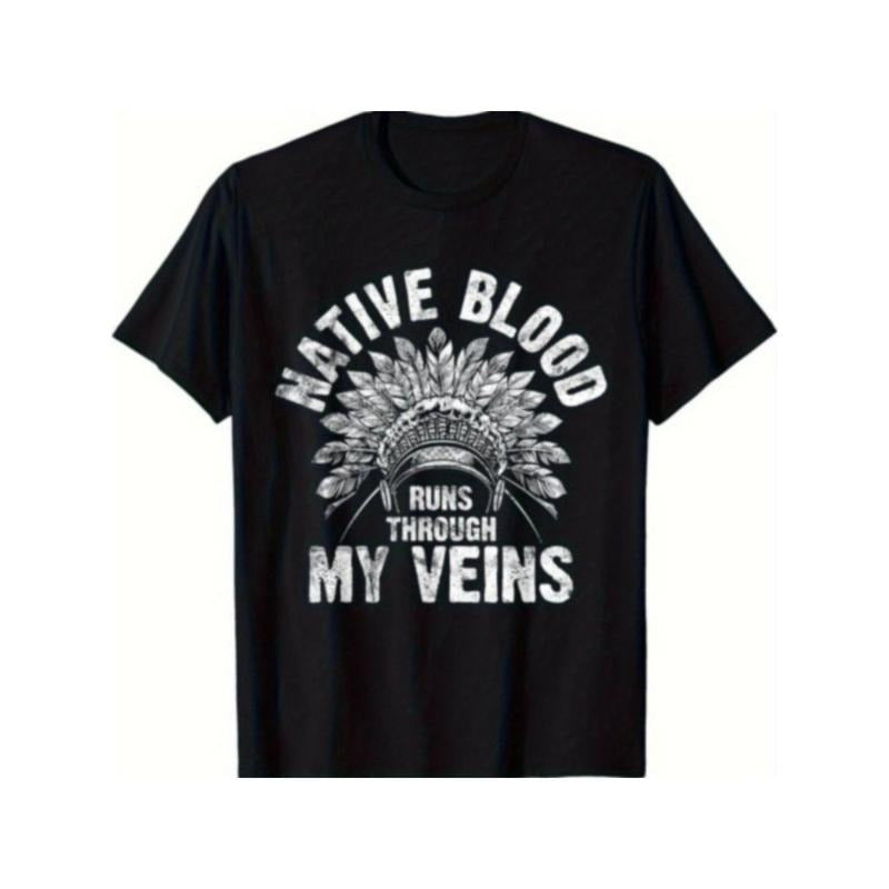 Native American Blood Pride T-Shirt, 100% Cotton Crew Neck Loose Fit Tee with Animal Applique, Casual Knit Fabric Vintage...