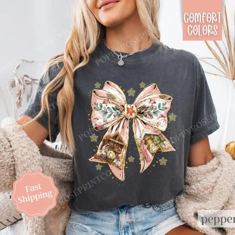 Nativity Bow Christmas Shirt , Religious Christmas Tee, Women's Holiday Tshirt Hoodie, Sweatshirt | UrbanDripWear.com