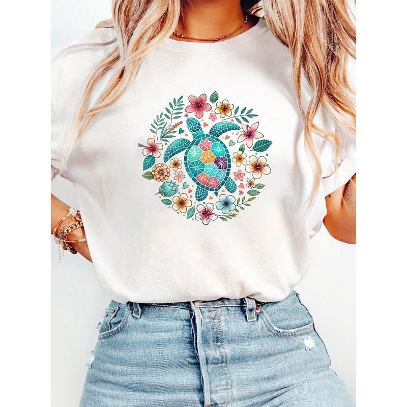 Nature - inspired and Artistic T - Shirt: Showcase a Beautiful Turtle Surrounded by Floral Motifs