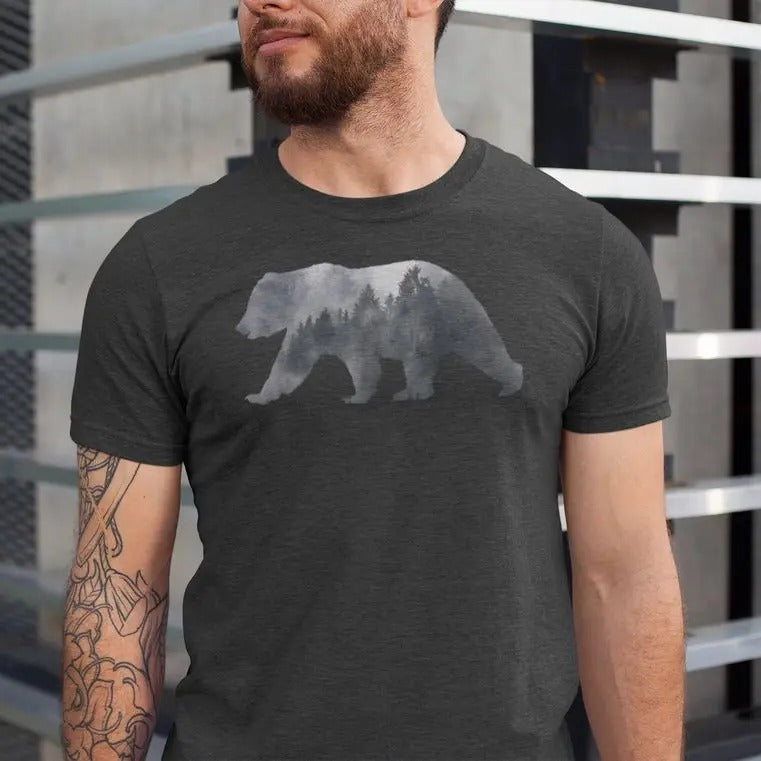 Nature Bear T Shirt Men, Double Exposure Bear, Papa Bear Shirt, Nature TShirt, Mens Graphic Tee, Screen Print Unisex...