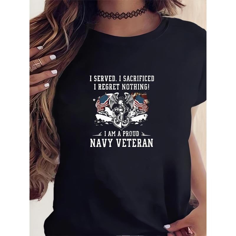 Navy Veteran Print T-Shirt, Casual Crew Neck, Short Sleeve, Cotton Blend, Knit Fabric, Slight Stretch, Regular Length,...