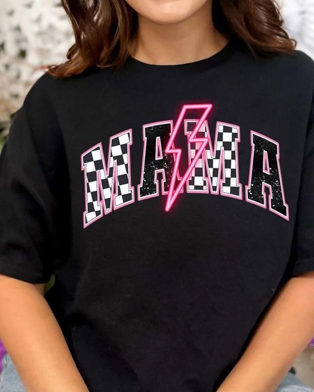 Neon Lightning Bolt Checkered Mama Short Sleeve Relaxed Fit T-Shirt Hoodie, Sweatshirt | UrbanDripWear.com