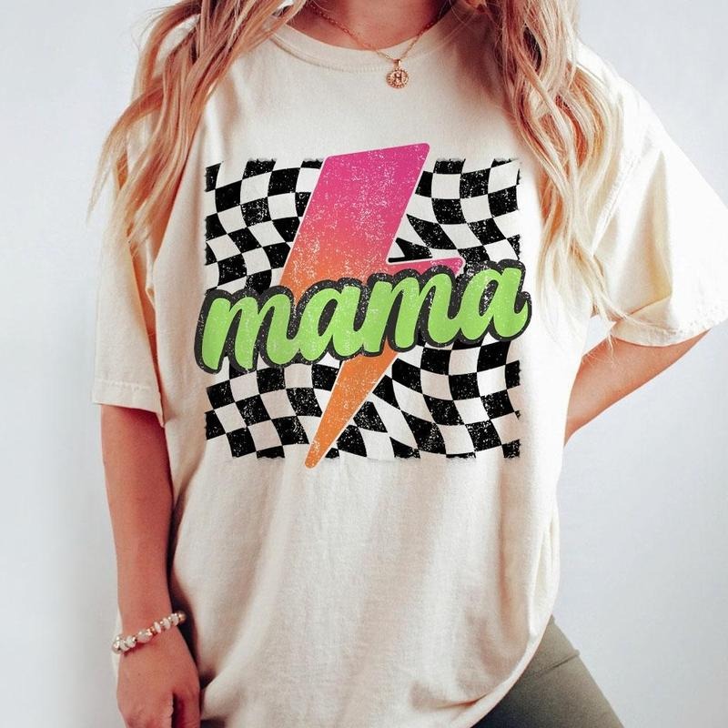 Neon Mama Shirt, Checkered Mama Shirt, Lightning Bolt Shirt, Mothers Day Gift, Retro Checkered Mom Tshirt, Mom Comfort...