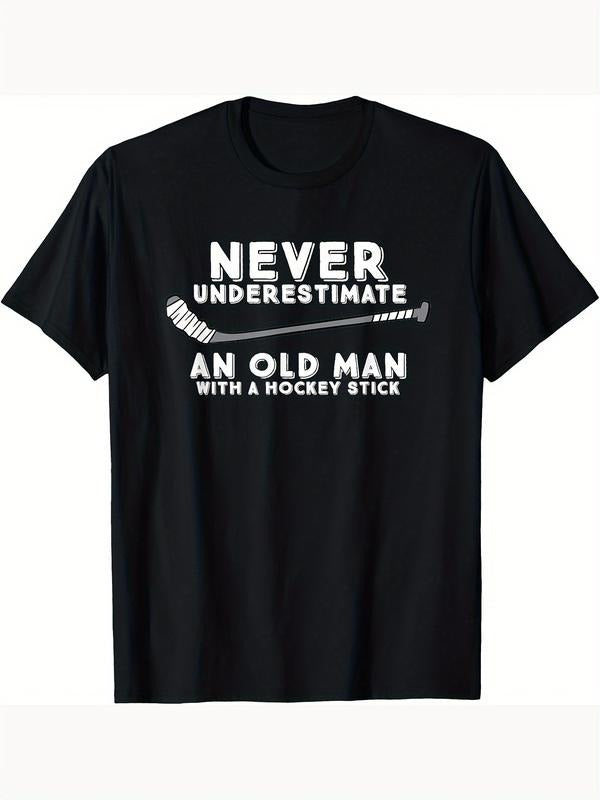 Never Underestimate An Old Man With A Stick Old Man Hockey Men's T-shirt Casual Round Neck Short Sleeve Four Seasons Can...