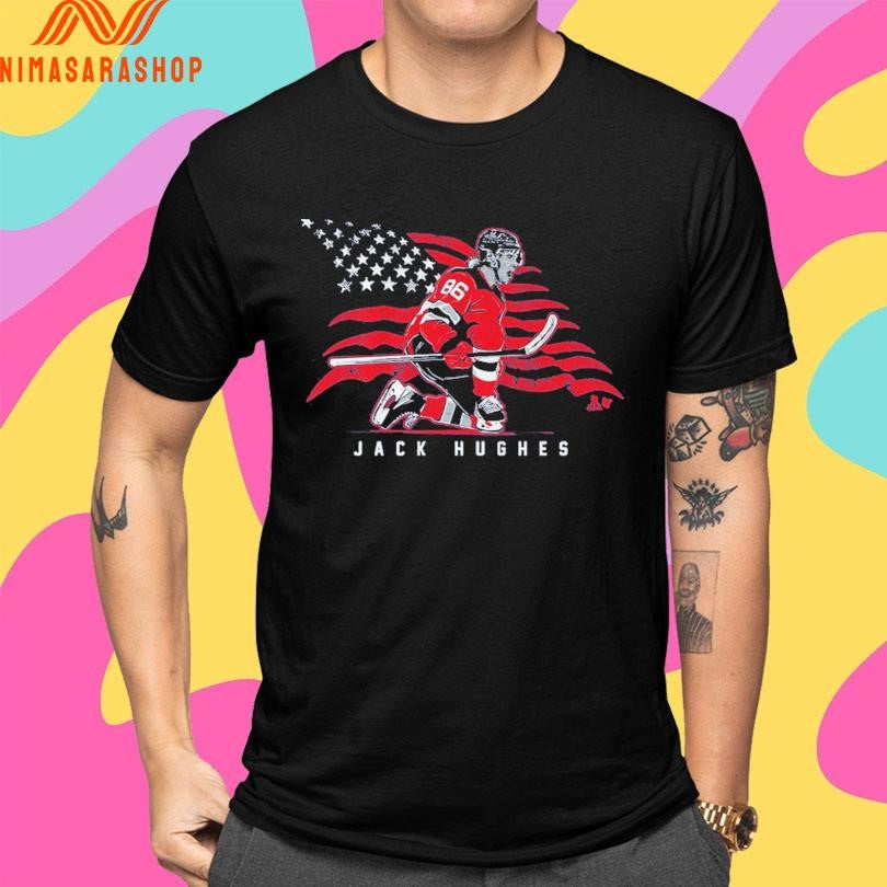 New Jersey Devils Jack Hughes Stars And Stripes Superstar Pose Shirts