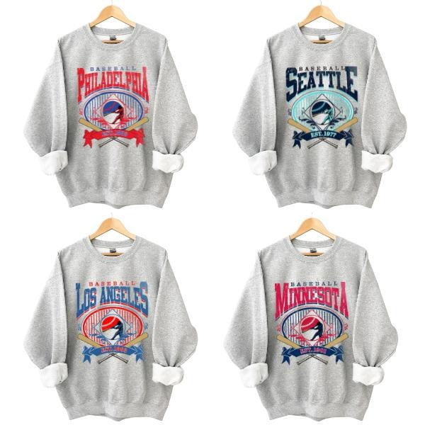New Retro Style Varsity All Team Baseball Crewneck Sweatshirt - Gildan Ash Grey, Long Sleeve, Medium Clothing Length -...