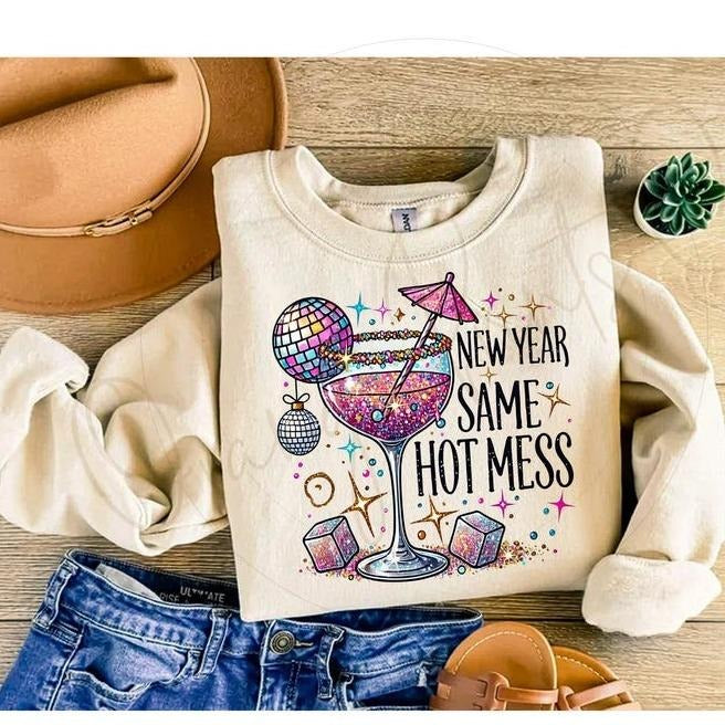 New Year Hot Mess Sweatshirt, Funny Drinking Martini Sweater, lcohol New Year Party Shirt, New Year Sarcastic Shirt Hoodie