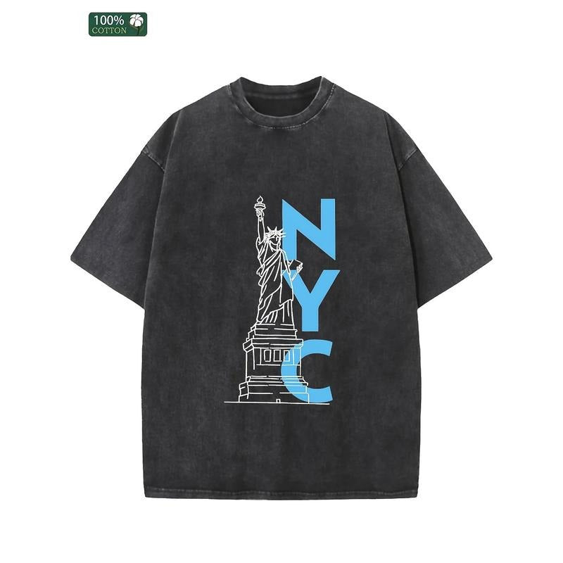New York City Men'S and Women'S Washed Cotton T-shirt, Shoulder Drooping Short Sleeve High Weight Cotton T-shirt, Popular...
