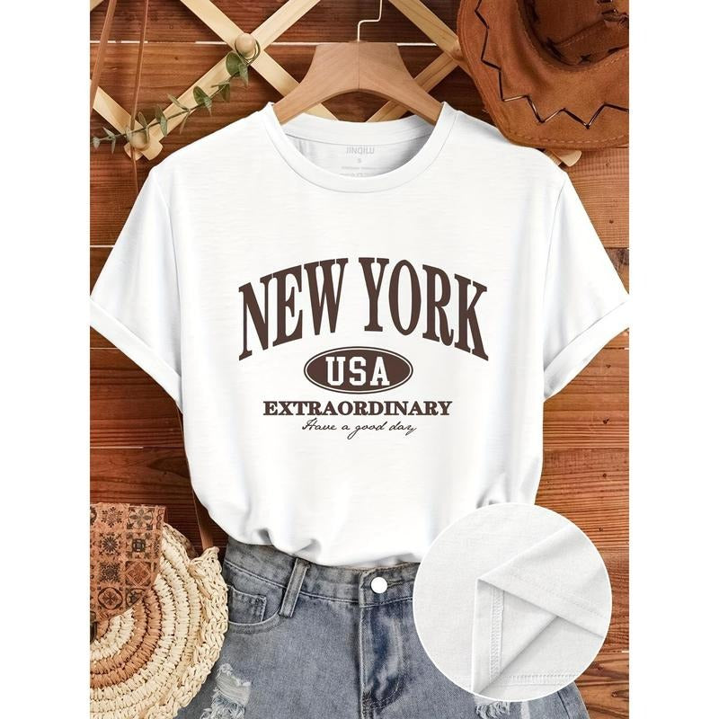 New York Print Casual Crew Neck Short Sleeve T-Shirt - Soft Medium Stretch Polyester Fabric, Semi-Sheer, Regular Fit,...