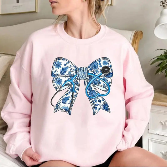 Nurse Stethoscope Bow Sweatshirt, Blue Ribbon Shirt For Nurses, Nurse Life, Christmas Nurse Gift, Unisex Shirt, Gift For Her, Gift For Him