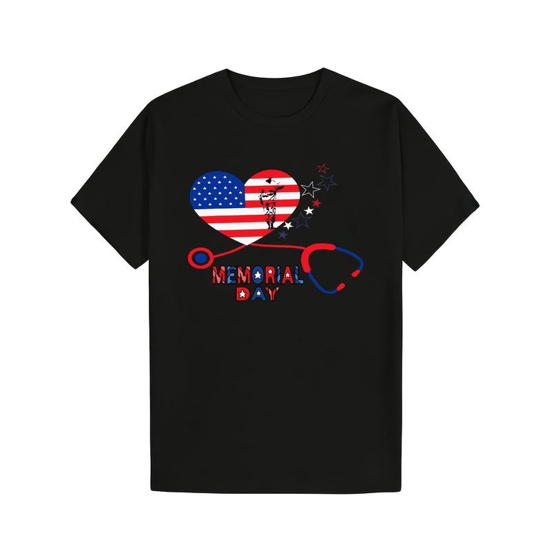 Nurse Stethoscope Heart Patriotic Memorial Day Flag T-Shirt 100% Cotton Classic Fit Cotton Tee, Perfect for All Seasons,...