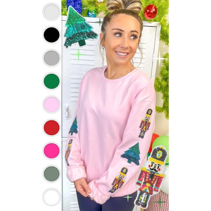 Nutcracker and Christmas Tree Sparkle Sleeve Graphic Sweatshirt T-Shirts, Hoodie | UrbanDripWear.com