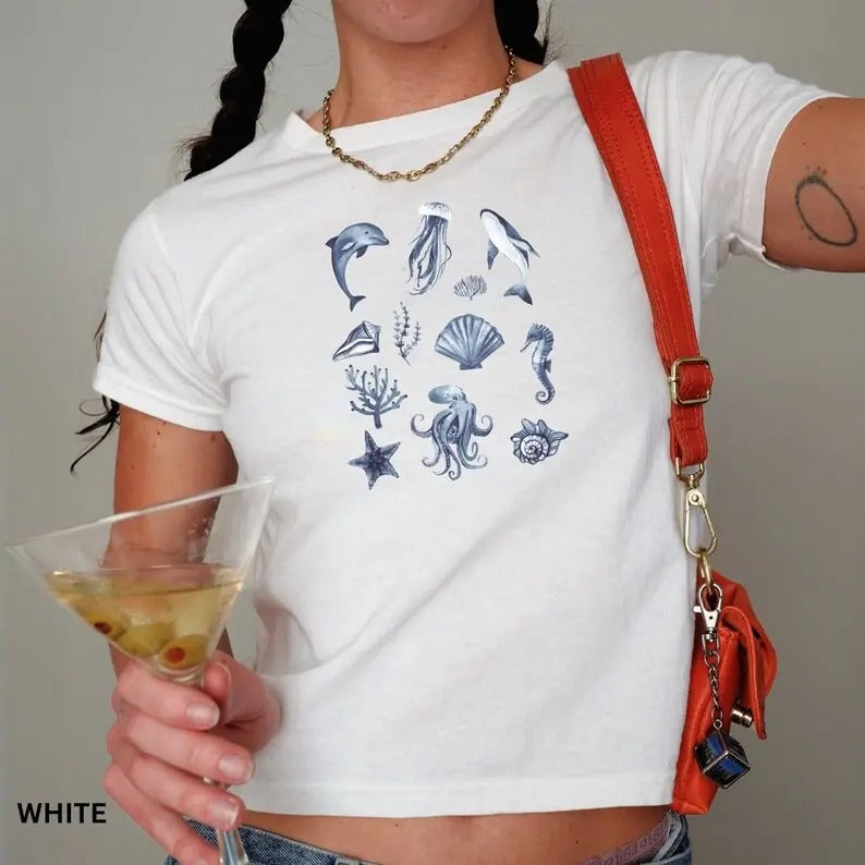 Ocean Themed Baby Tee Women, Y2K Coquette Graphic T-Shirt with Marine Animals Hoodie, Sweatshirt | UrbanDripWear.com