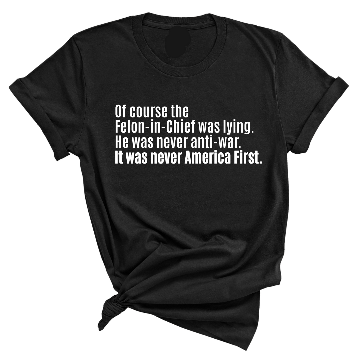 Of course the Felon-in-Chief was lying. He was never anti-war. It was never America First Unisex Tee