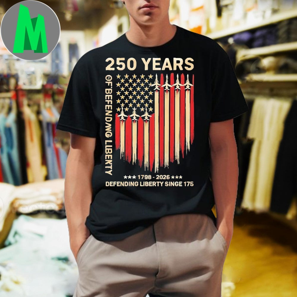 250 Years of Defending Liberty 1776-2026 American Flag Jet Graphic T-Shirt