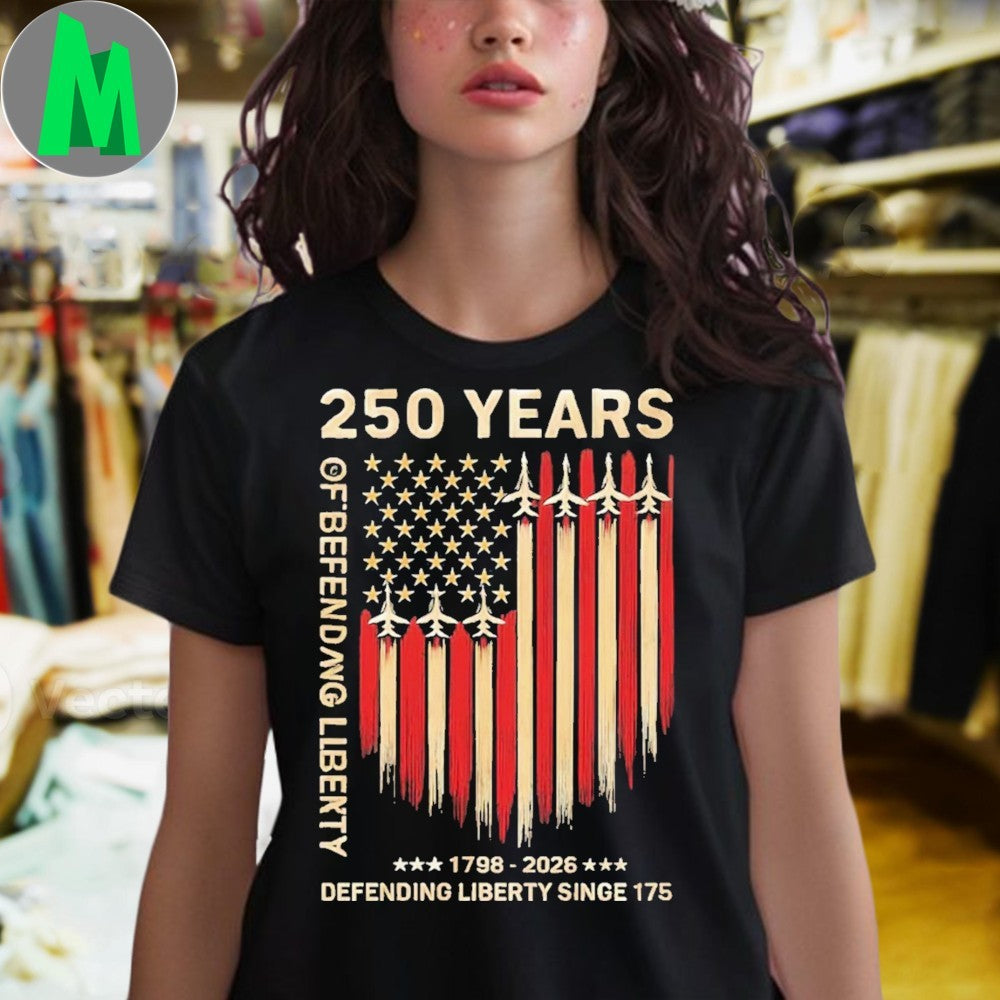 250 Years of Defending Liberty 1776-2026 American Flag Jet Graphic T-Shirt