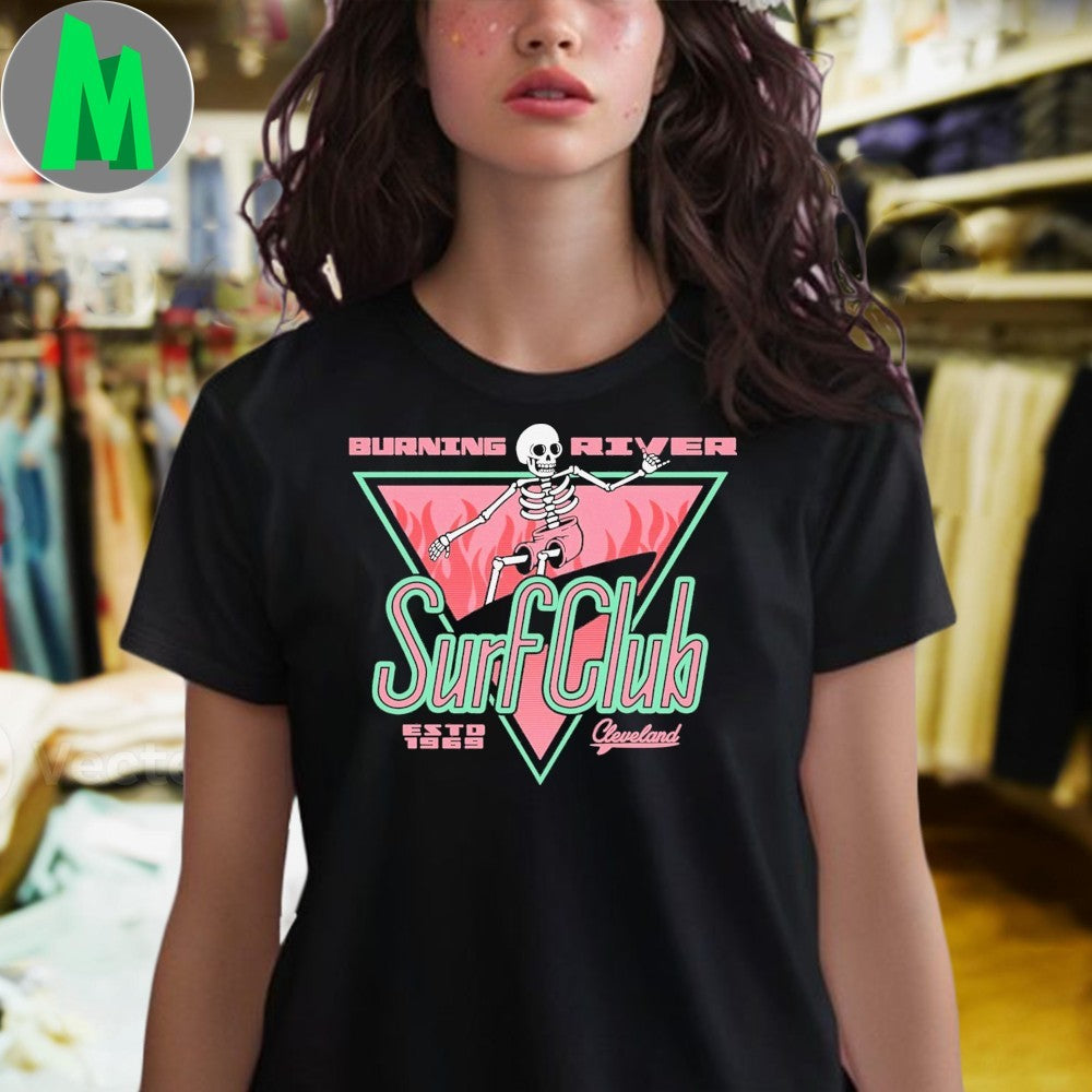 Burning River Surf Club Cleveland Skeleton Vaporwave Graphic T-Shirt