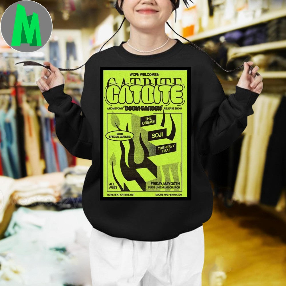 Catbite Philadelphia 2025 Concert Poster T-Shirt Ska Punk Band Apparel Lime Green
