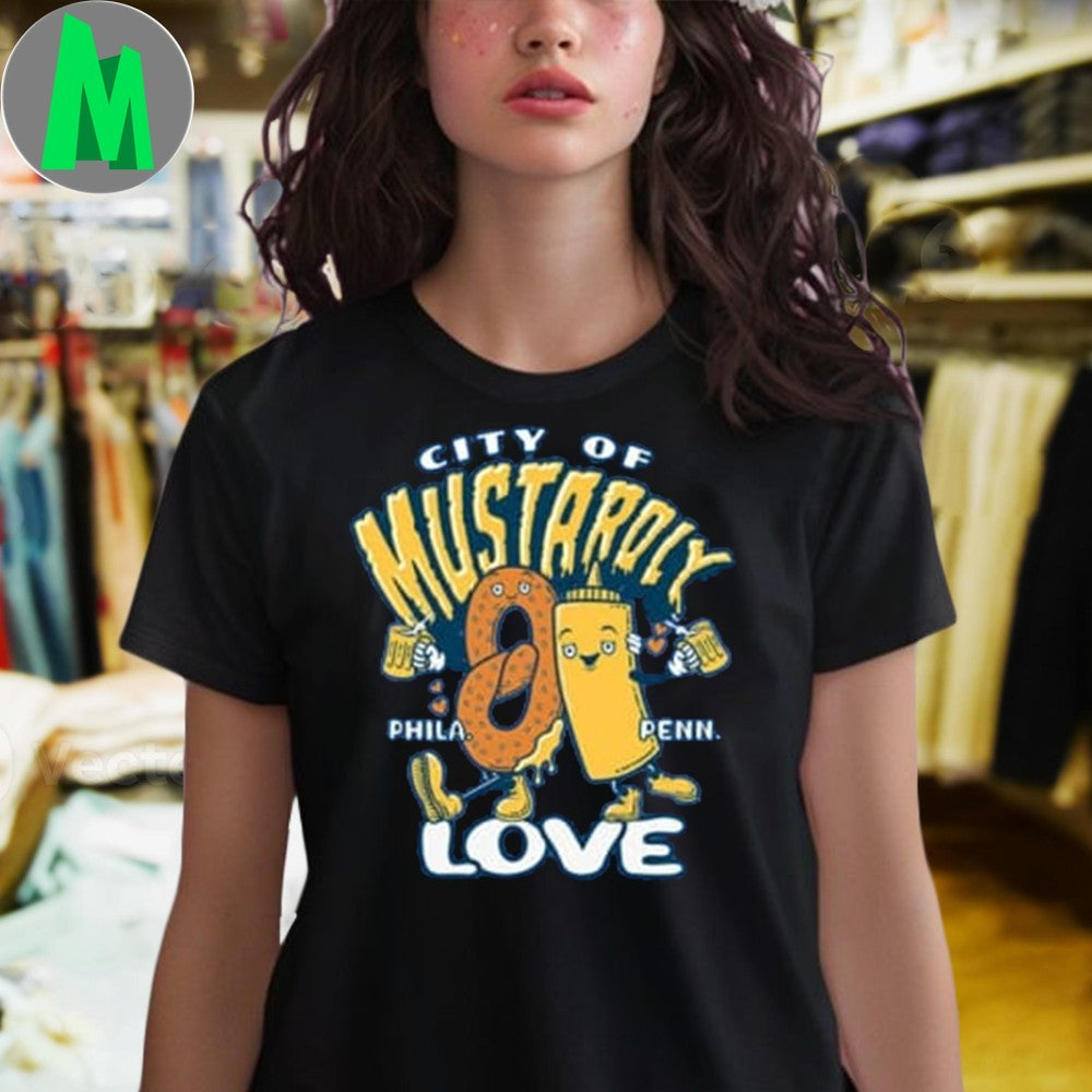 City of Mustard Love Philadelphia Soft Pretzel Mustard Graphic Tee Humorous Philly Apparel Blue T-Shirt