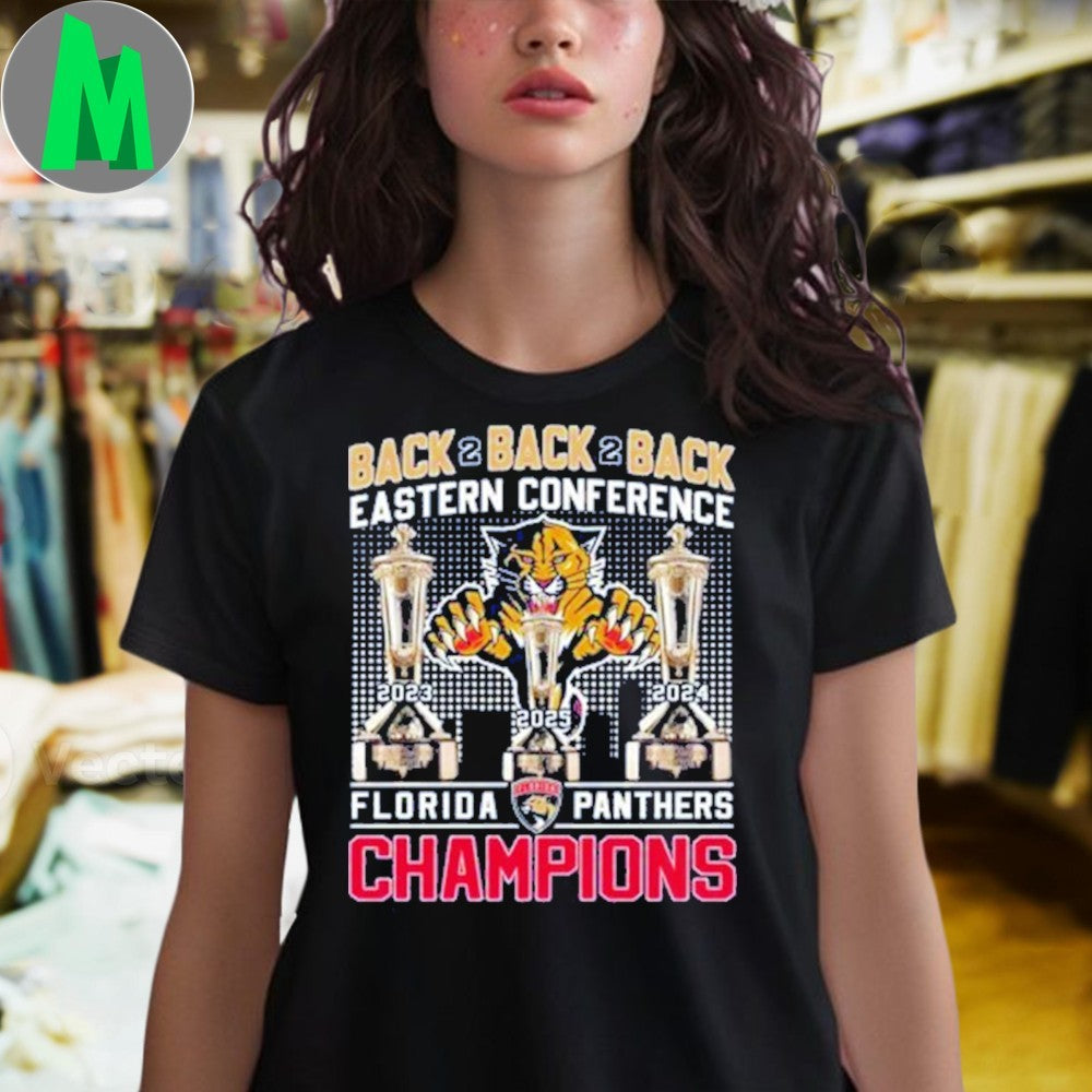 Florida Panthers Back-to-Back-to-Back 2025 Eastern Conference Champions T-Shirt NHL Hockey Fan Apparel Victory Celebration Tee